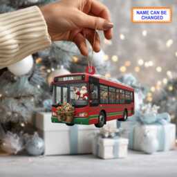Custom Name Santa Drives Bus Personalized Ornament, Christmas Tree Hanging Decor, 2D Flat Acrylic Ornament Holiday Gift Magic