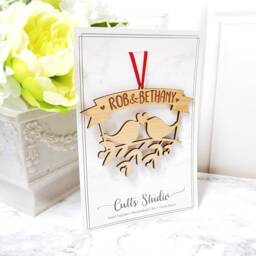 Personalized Love Birds Christmas Ornament, Maple Or Walnut Wood - thumbnail 2