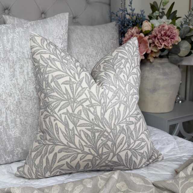 Willow Grey Leaf Cushion Cover William Morris Fabric Natural Cotton Background Handmade UK Botanical Pillow Case - image 1