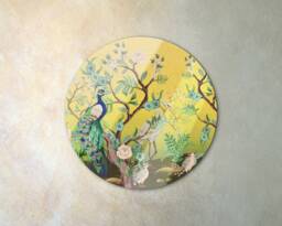 Elegant Bird Tempered Glass Art, Yellow Wall Decor, Green Custom Print, Peacock Hanging, Large Art Print