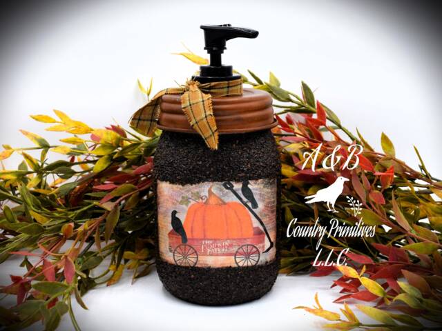 Primitive Crows Pumpkin Patch Mason Jar Hand Soap Dispenser, Country Farmhouse Fall Decor - image 1