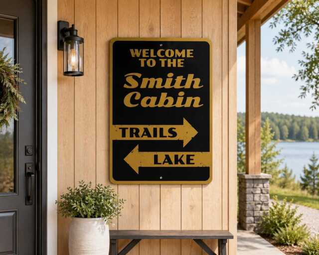 Custom Cabin Sign With Arrows, Personalized Sign, Lake & Trail Name Wall Decor - image 1