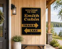 Custom Cabin Sign With Arrows, Personalized Sign, Lake & Trail Name Wall Decor - thumbnail 1