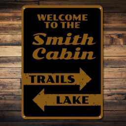 Custom Cabin Sign With Arrows, Personalized Sign, Lake & Trail Name Wall Decor - thumbnail 2