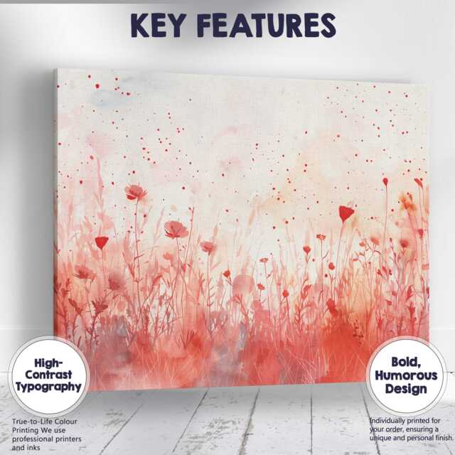 Soft Red Botanical Silhouette Wildflower Watercolour Field Canvas Wall Art Print Decor Picture Ready To Hang - image 1