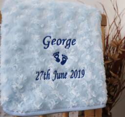Personalised Baby Blanket Luxury Rosebud Style Blue Script Font Name Date Print - thumbnail 1