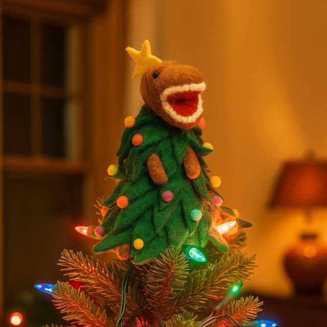 Tree-Rex Christmas Tree Topper Handmade Needle Felt Dinosaur - image 1