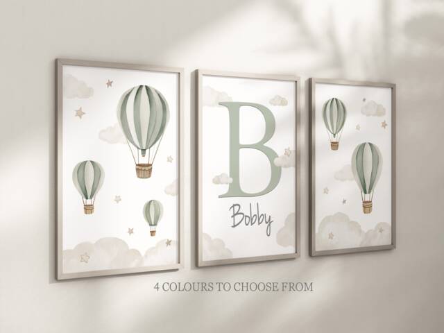 Baby Nursery Air Balloon Cloud Prints - A4 Or A3 Size Stars Boy Girl Wall Art Unisex Neutral Beige Natural Green Blue Pink Boho - image 1