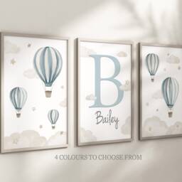 Baby Nursery Air Balloon Cloud Prints - A4 Or A3 Size Stars Boy Girl Wall Art Unisex Neutral Beige Natural Green Blue Pink Boho - thumbnail 2