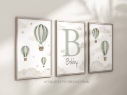 Baby Nursery Air Balloon Cloud Prints - A4 Or A3 Size Stars Boy Girl Wall Art Unisex Neutral Beige Natural Green Blue Pink Boho - thumbnail 1