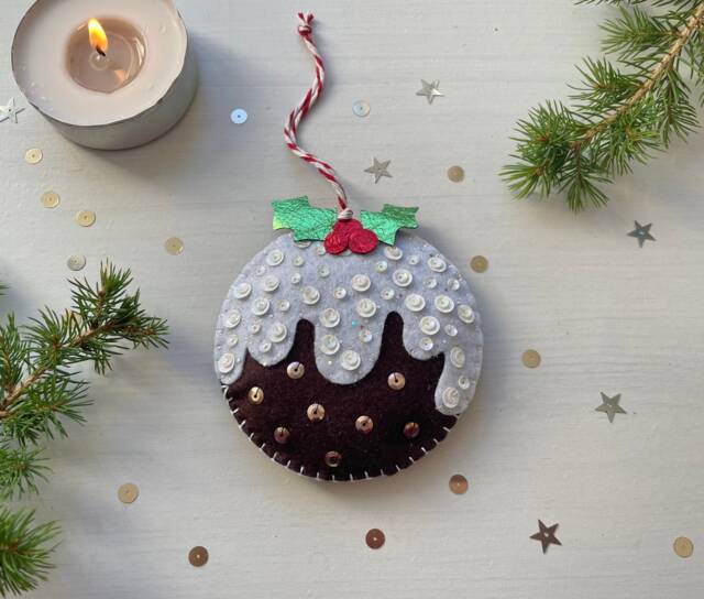 Handmade Felt Christmas Pudding Decoration Metallic Holly Bauble - image 1