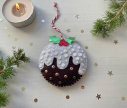 Handmade Felt Christmas Pudding Decoration Metallic Holly Bauble - thumbnail 1