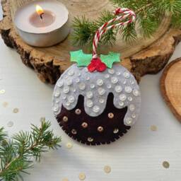 Handmade Felt Christmas Pudding Decoration Metallic Holly Bauble - thumbnail 3