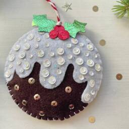 Handmade Felt Christmas Pudding Decoration Metallic Holly Bauble - thumbnail 2
