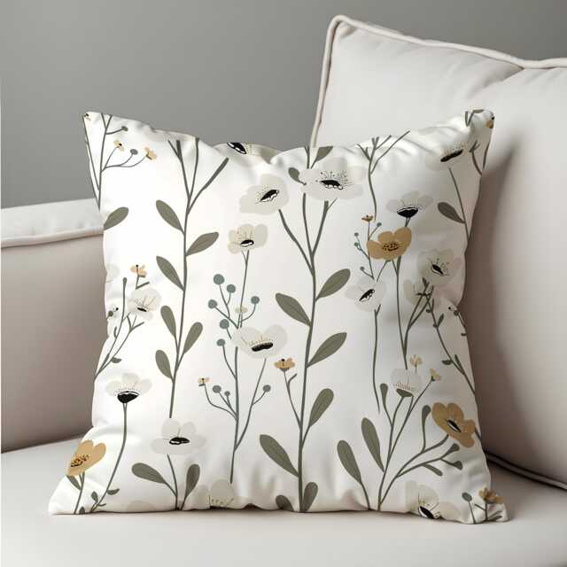 Minimalist Floral Cushion Cover, White & Beige Wildflower Design Pillow Case, Modern Botanical Throw Cozy Neutral Decor - image 1