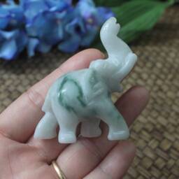 striking Zigzag, Moss in Snow Patterned, Light-Green Jadeite Jade - Grade A Hand Carved Thai Elephant Figurine