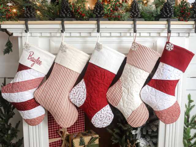 Quilted Christmas Stocking Optional Embroidery, Patchwork Design, Farmhouse Decor - image 1