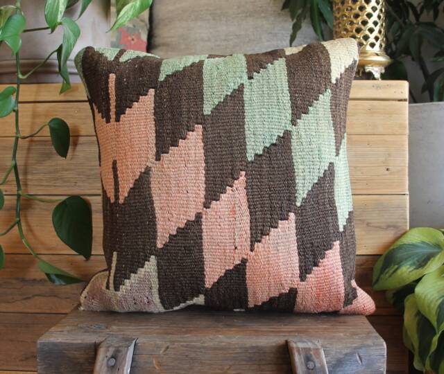 40cm - 16Inch Vintage Boho Kilim Cushion Cover Handwoven - Slitweave Brown Salmon & Green Zigzag - image 1