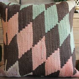 40cm - 16Inch Vintage Boho Kilim Cushion Cover Handwoven - Slitweave Brown Salmon & Green Zigzag - thumbnail 2