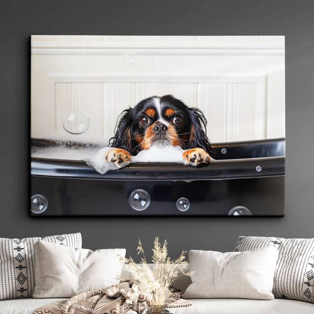 Cavalier King Charles Spaniel in The Bathtub Dog Pet Abstract Modern Painting Wall Art Framed Canvas Poster Print, Home Kitchen Office Decor - image 1