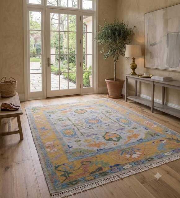 Artisan Hand-Knotted Oushak Wool Rug Warm Gold, Sage & Sky Blue Mediterranean Entryway Accent Vintage-Inspired Floral Motif Fringe - image 1
