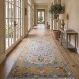 Artisan Hand-Knotted Oushak Wool Rug Warm Gold, Sage & Sky Blue Mediterranean Entryway Accent Vintage-Inspired Floral Motif Fringe - thumbnail 4