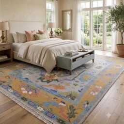 Artisan Hand-Knotted Oushak Wool Rug Warm Gold, Sage & Sky Blue Mediterranean Entryway Accent Vintage-Inspired Floral Motif Fringe - thumbnail 3