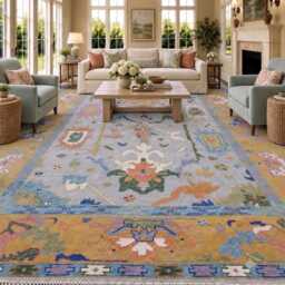 Artisan Hand-Knotted Oushak Wool Rug Warm Gold, Sage & Sky Blue Mediterranean Entryway Accent Vintage-Inspired Floral Motif Fringe - thumbnail 2