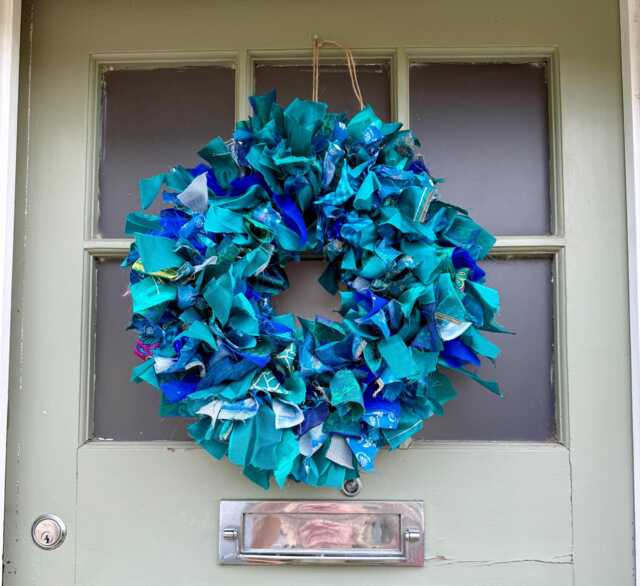 Turquoise Sari Rag Wreath Upcycled Silk Christmas Door Decor - image 1