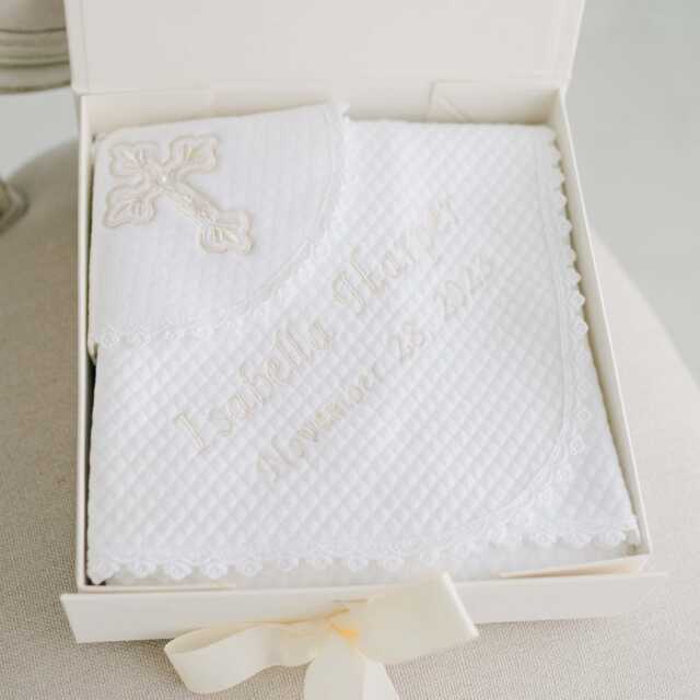 Personalized Baby Girl Blessing Gift Set - Embroidered Cotton Blanket & Cross Bib - image 1
