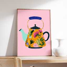 Orange Floral Teapot Poster, Modern Kitchen Wall Art, Pink & Tea Print, Scandinavian Folk Art Home Decor, Cozy Lover Gift - thumbnail 2