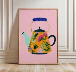 Orange Floral Teapot Poster, Modern Kitchen Wall Art, Pink & Tea Print, Scandinavian Folk Art Home Decor, Cozy Lover Gift - thumbnail 1
