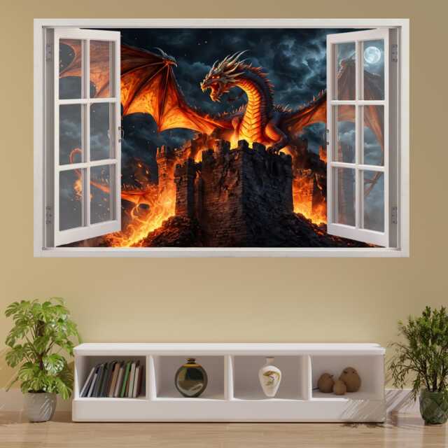 3D Dragon Wall Sticker - Fantasy Castle Mural Decal - Self-Adhesive Poster, Removable Vinyl, Home, Bedroom, Office Decor 1311 - image 1