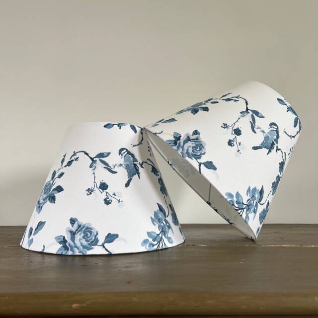 Roses & Birds Cotton Empire Lampshade Blue & White Coolie Shade - image 1