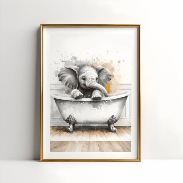 Elephant Bathroom Print - Animal Bathtub Poster - Bath Room Wall Art Vintage Watercolour Kids Animals Artwork - image 1