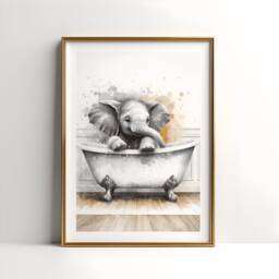 Elephant Bathroom Print - Animal Bathtub Poster - Bath Room Wall Art Vintage Watercolour Kids Animals Artwork - thumbnail 1