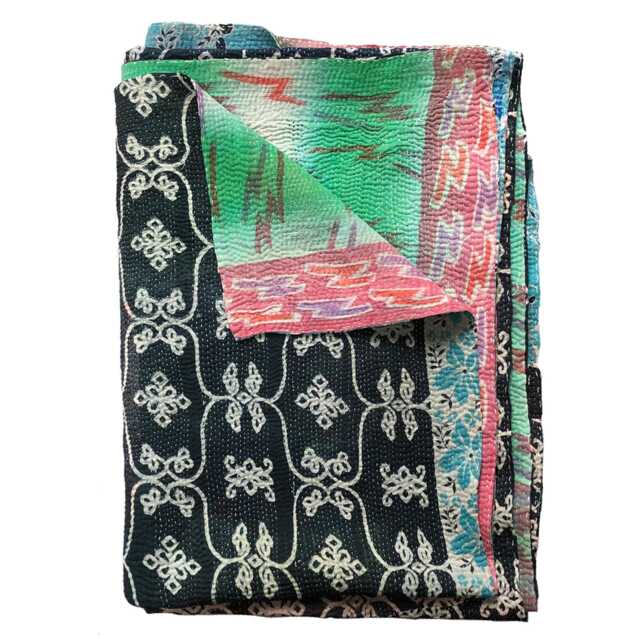 Sale Kantha Throw - Black With Turquoise & Stone Floral Patterns. Reverse Multicoloured. Unique/One Of A Kind/Vintage/Boho - image 1