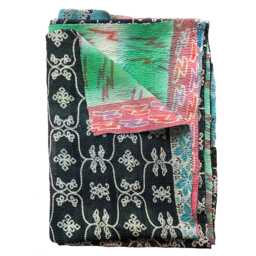 Sale Kantha Throw - Black With Turquoise & Stone Floral Patterns. Reverse Multicoloured. Unique/One Of A Kind/Vintage/Boho
