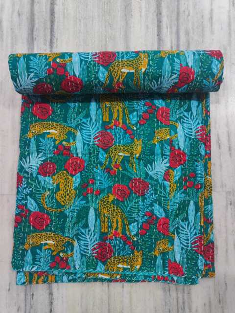 Tiger Print Kantha Quilt Indian Cotton Bedspread, Bohemian Throw - Queen Size - image 1