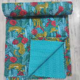 Tiger Print Kantha Quilt Indian Cotton Bedspread, Bohemian Throw - Queen Size - thumbnail 2