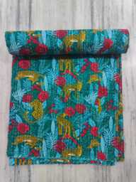 Tiger Print Kantha Quilt Indian Cotton Bedspread, Bohemian Throw - Queen Size - thumbnail 1