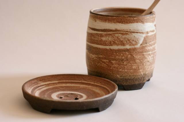 Handmade Set Of Brown Ceramic Toothbrush Holder & Soap Dish - Japanese Style Pottery - image 1