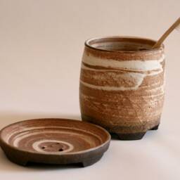 Handmade Set Of Brown Ceramic Toothbrush Holder & Soap Dish - Japanese Style Pottery - thumbnail 2