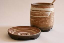 Handmade Set Of Brown Ceramic Toothbrush Holder & Soap Dish - Japanese Style Pottery - thumbnail 1