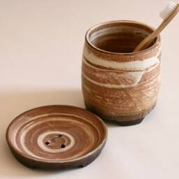 Handmade Set Of Brown Ceramic Toothbrush Holder & Soap Dish - Japanese Style Pottery - thumbnail 3