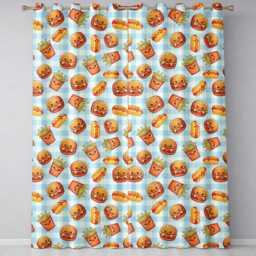 Kawaii Burger Fries Hotdog Fast Food Seamless Pattern Blue Gingham Background Readymade Eyelet Ring Top Thermal 100% Blackout Curtains - thumbnail 2