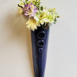 Hand Made Blue Glazed Ceramic & Glass Pottery Wall Hanging Vase Planter Indoor Outdoor - thumbnail 2