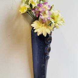 Hand Made Blue Glazed Ceramic & Glass Pottery Wall Hanging Vase Planter Indoor Outdoor - thumbnail 3