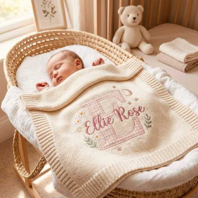 Baby Name Embroidered Blanket, Custom Newborn Knit Applique Initial Gift, Personalized Nursery Keepsake - image 1