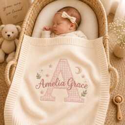 Baby Name Embroidered Blanket, Custom Newborn Knit Applique Initial Gift, Personalized Nursery Keepsake - thumbnail 3